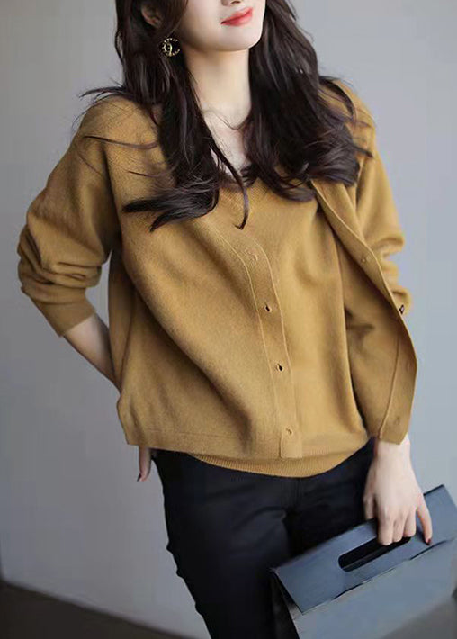 Khaki Button Patchwork Knit Tops Long Sleeve