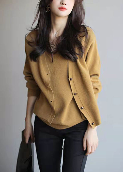 Khaki Button Patchwork Knit Tops Long Sleeve