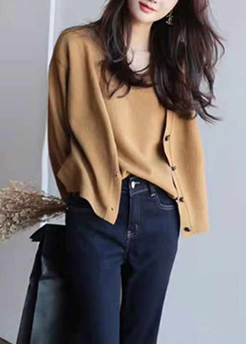 Khaki Button Patchwork Knit Tops Long Sleeve