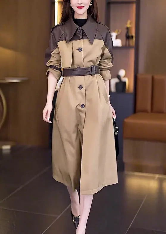 New Khaki Button Tie Waist Patchwork Cotton Long Trench Coat Fall Ada Fashion