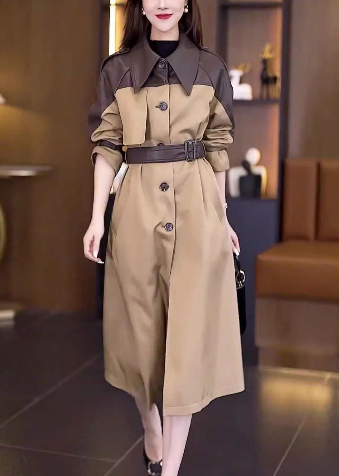 New Khaki Button Tie Waist Patchwork Cotton Long Trench Coat Fall Ada Fashion