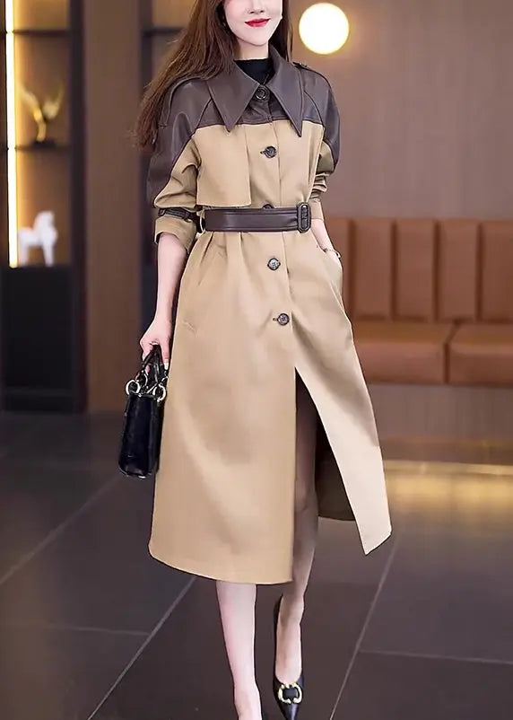 New Khaki Button Tie Waist Patchwork Cotton Long Trench Coat Fall Ada Fashion