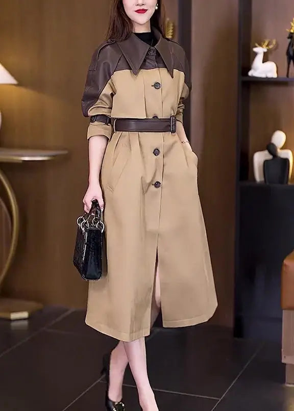 New Khaki Button Tie Waist Patchwork Cotton Long Trench Coat Fall Ada Fashion