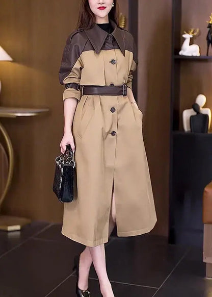 New Khaki Button Tie Waist Patchwork Cotton Long Trench Coat Fall Ada Fashion