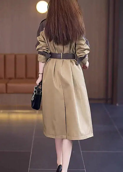 New Khaki Button Tie Waist Patchwork Cotton Long Trench Coat Fall Ada Fashion