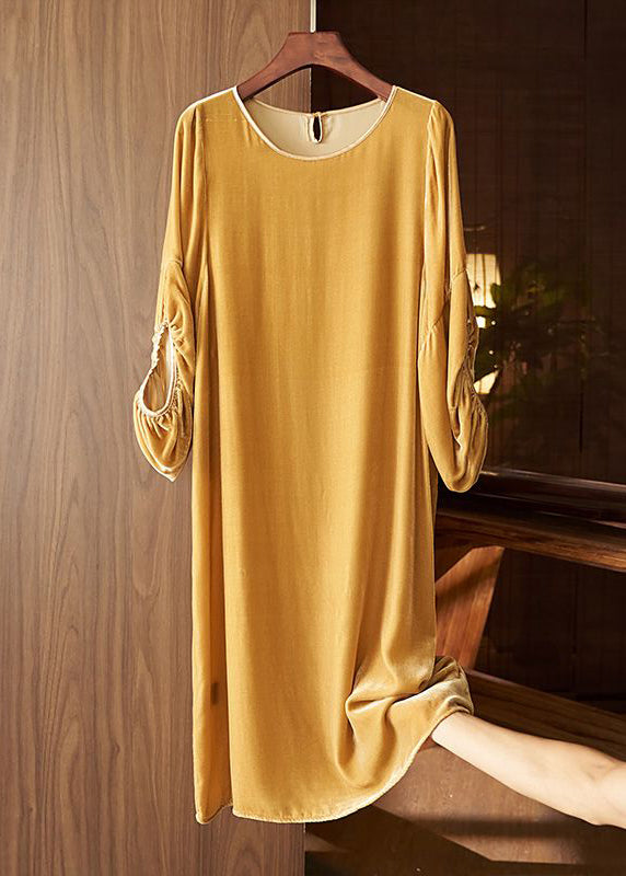 New Khaki O Neck Patchwork Silk Velour Dress Lantern Sleeve Ada Fashion