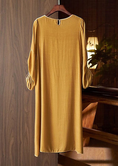 New Khaki O Neck Patchwork Silk Velour Dress Lantern Sleeve Ada Fashion