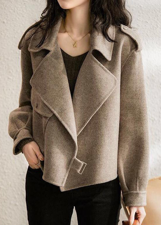 New Khaki Peter Pan Collar Pockets Woolen Coat Long Sleeve Ada Fashion