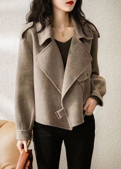 New Khaki Peter Pan Collar Pockets Woolen Coat Long Sleeve Ada Fashion