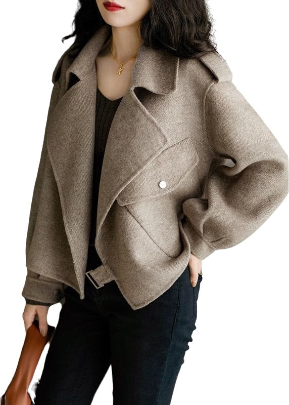 New Khaki Peter Pan Collar Pockets Woolen Coat Long Sleeve Ada Fashion