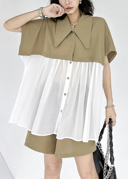 New Khaki Peter Pan Collar Wrinkled Chiffon Patchwork Tops And Shorts Two Pieces Set Summer Ada Fashion