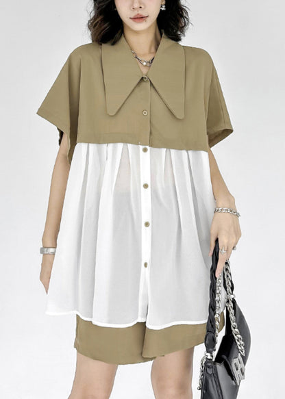 New Khaki Peter Pan Collar Wrinkled Chiffon Patchwork Tops And Shorts Two Pieces Set Summer Ada Fashion