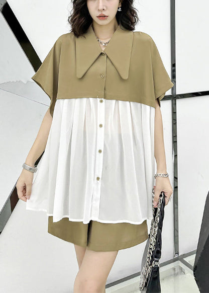 New Khaki Peter Pan Collar Wrinkled Chiffon Patchwork Tops And Shorts Two Pieces Set Summer Ada Fashion