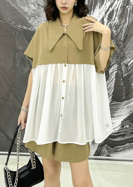 New Khaki Peter Pan Collar Wrinkled Chiffon Patchwork Tops And Shorts Two Pieces Set Summer Ada Fashion
