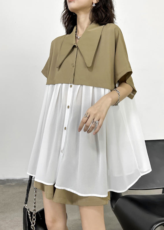 New Khaki Peter Pan Collar Wrinkled Chiffon Patchwork Tops And Shorts Two Pieces Set Summer Ada Fashion