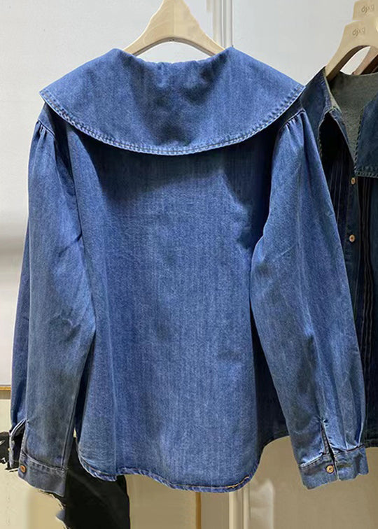 New Light Blue Peter Pan Collar Button Denim Shirts Tops Fall Ada