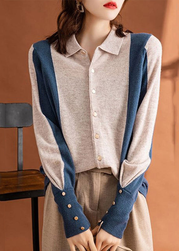 Peter Pan Collar Button Patchwork Knit Top Long Sleeve