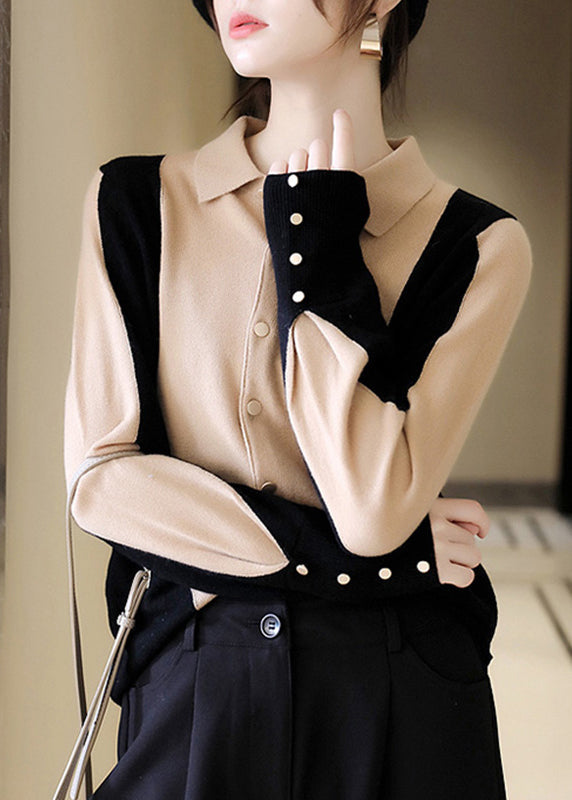 Peter Pan Collar Button Patchwork Knit Top Long Sleeve