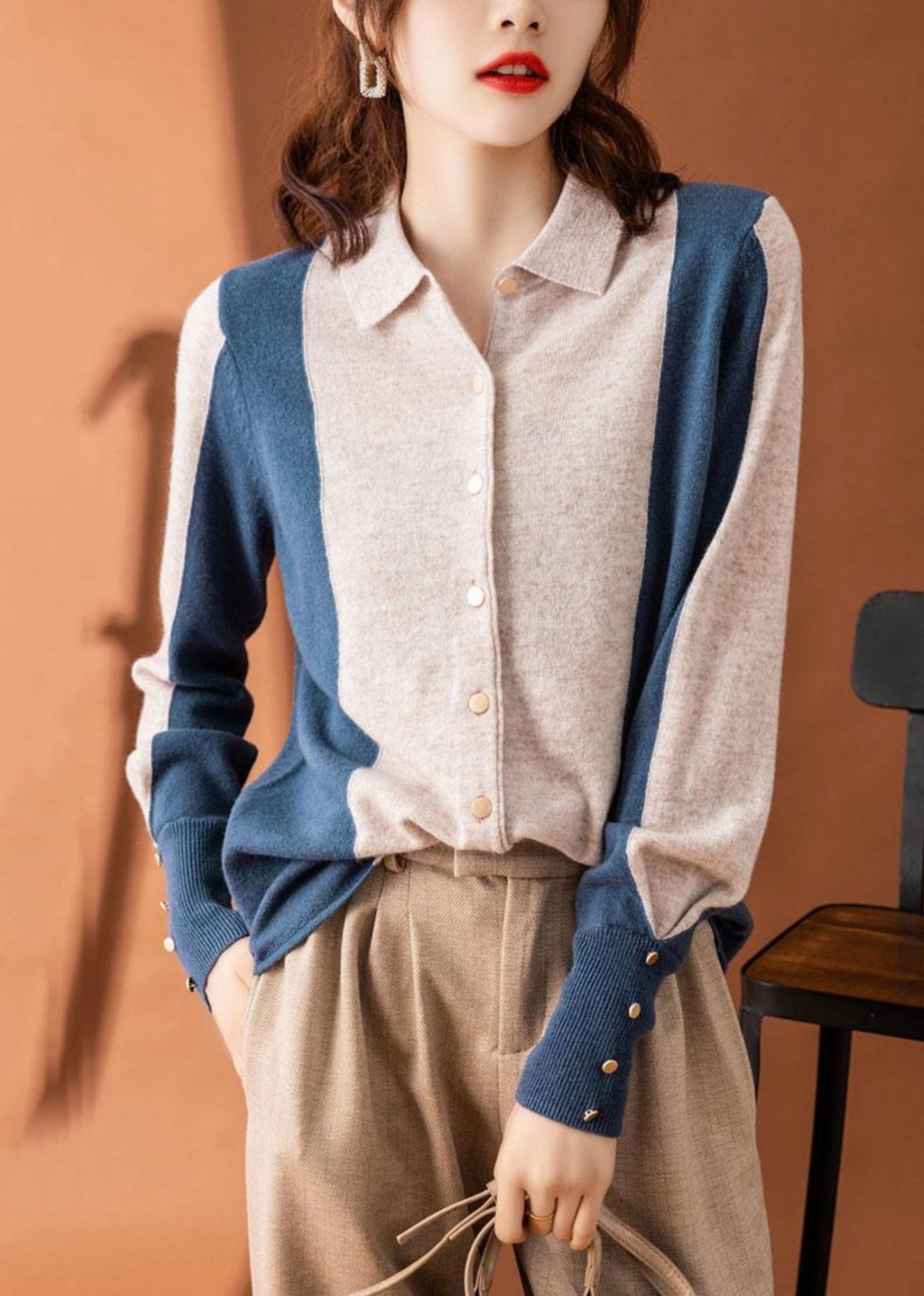 Peter Pan Collar Button Patchwork Knit Top Long Sleeve