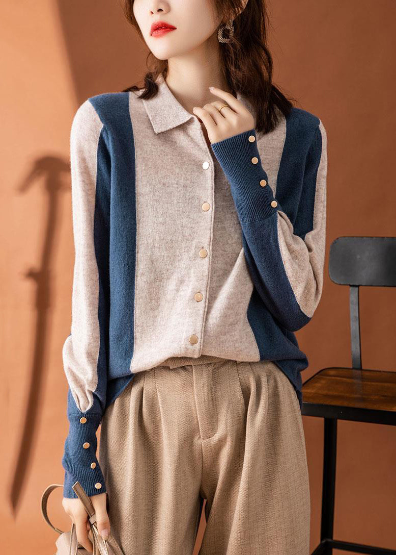 Peter Pan Collar Button Patchwork Knit Top Long Sleeve