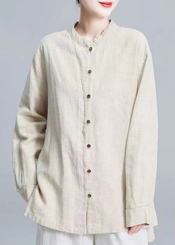 New Linen Stand CollarButton Patchwork Linen Shirt Tops Fall Ada Fashion