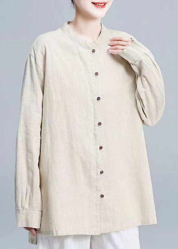 New Linen Stand CollarButton Patchwork Linen Shirt Tops Fall Ada Fashion