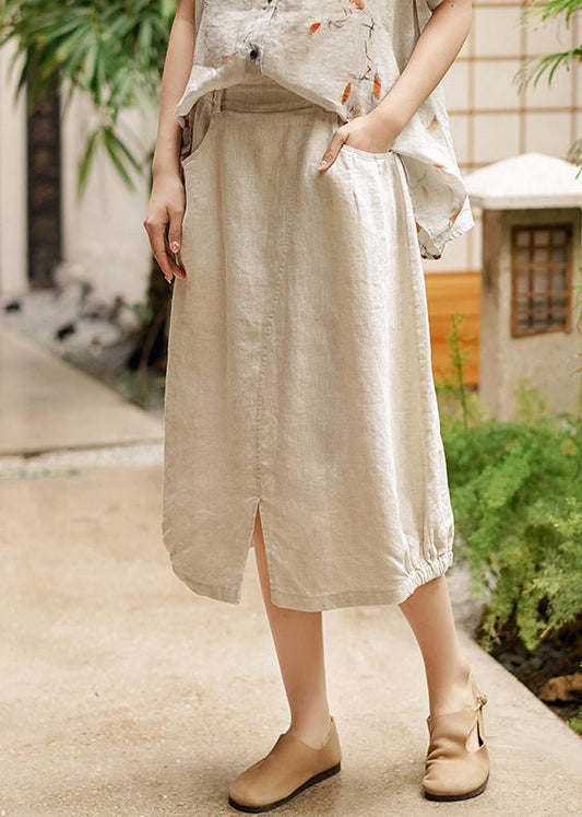 New Linen Wrinkled Pockets Elastic Waist Patchwork Linen Skirt Fall Ada Fashion