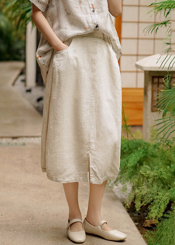 New Linen Wrinkled Pockets Elastic Waist Patchwork Linen Skirt Fall Ada Fashion