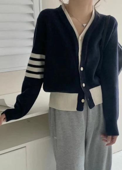 New Navy Button  False Two Pieces Cotton Knit Coats Fall Ada Fashion