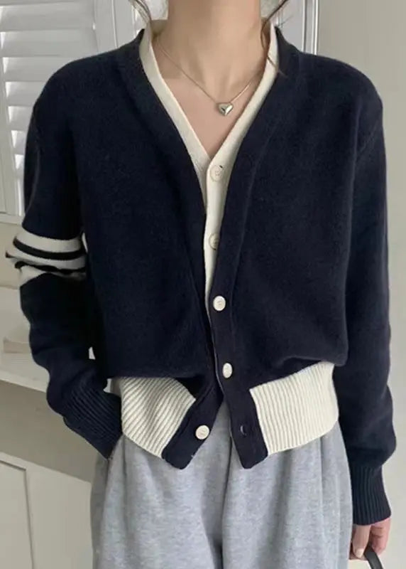 New Navy Button  False Two Pieces Cotton Knit Coats Fall Ada Fashion