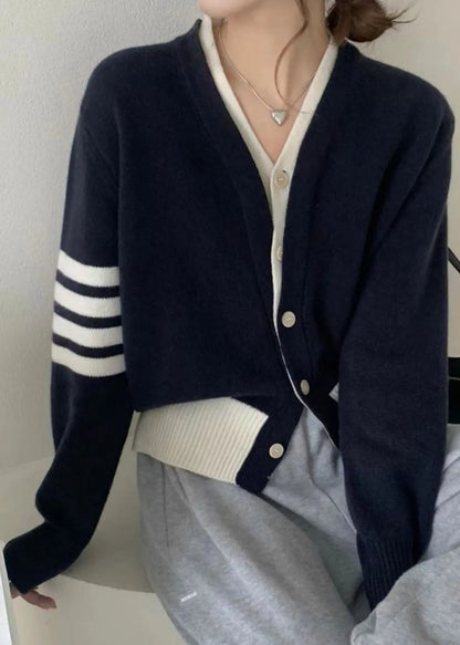 New Navy Button  False Two Pieces Cotton Knit Coats Fall Ada Fashion