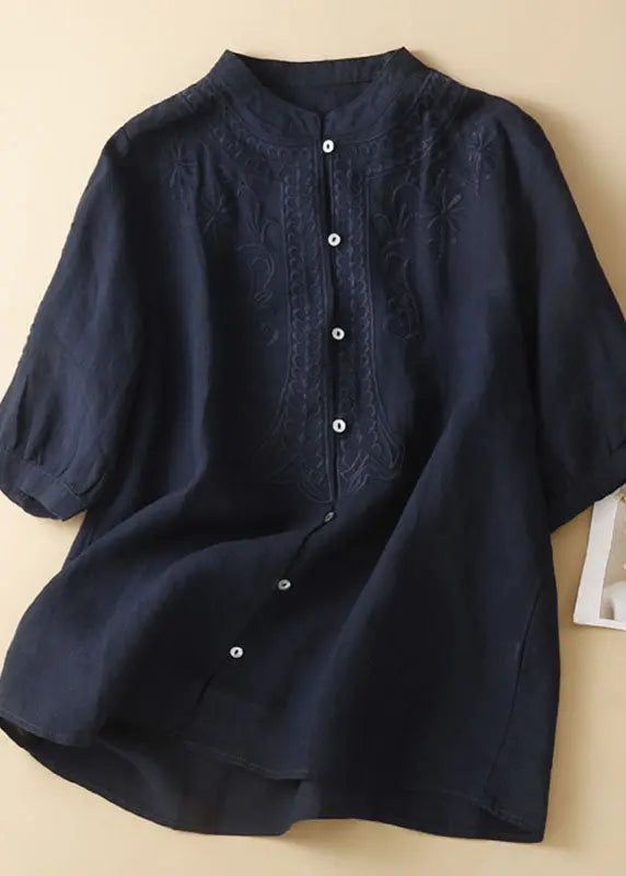 New Navy Embroideried Button Patchwork Linen Shirt Top Summer Ada Fashion