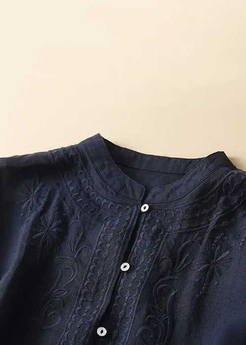 New Navy Embroideried Button Patchwork Linen Shirt Top Summer Ada Fashion