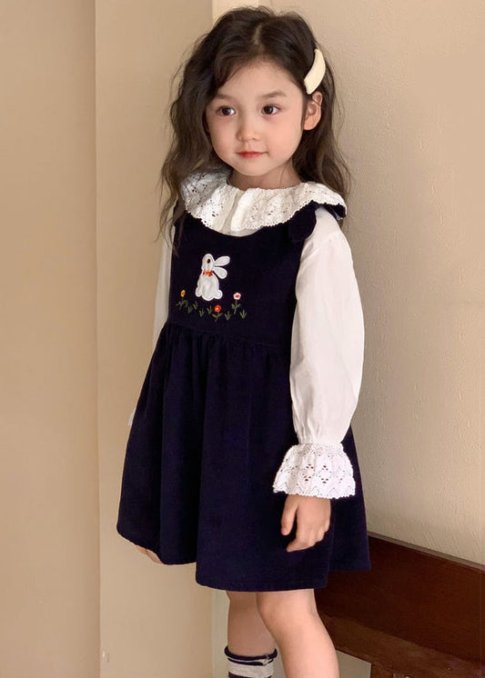 New Navy Embroideried Lace Patchwork Corduroy Girls Two Pieces Set Fall Ada Fashion