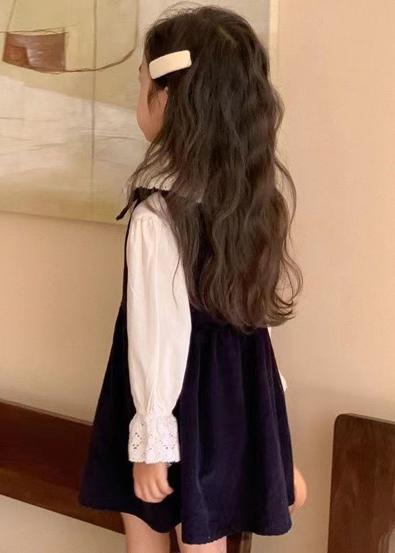 New Navy Embroideried Lace Patchwork Corduroy Girls Two Pieces Set Fall Ada Fashion