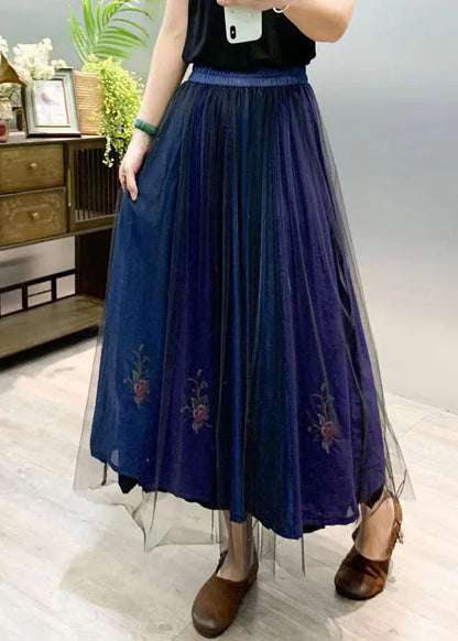 New Navy Embroideried Wrinkled Patchwork Tulle Skirts Summer Ada Fashion