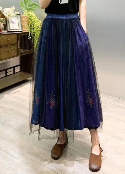 New Navy Embroideried Wrinkled Patchwork Tulle Skirts Summer Ada Fashion