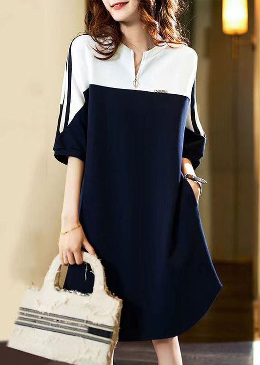 New Navy O Neck Pockets Patchwork Cotton Dress Fall Ada Fashion