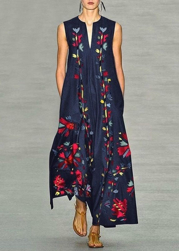 New Navy V Neck Print Chiffon Long Dress Sleeveless LY1925 - fabuloryshop