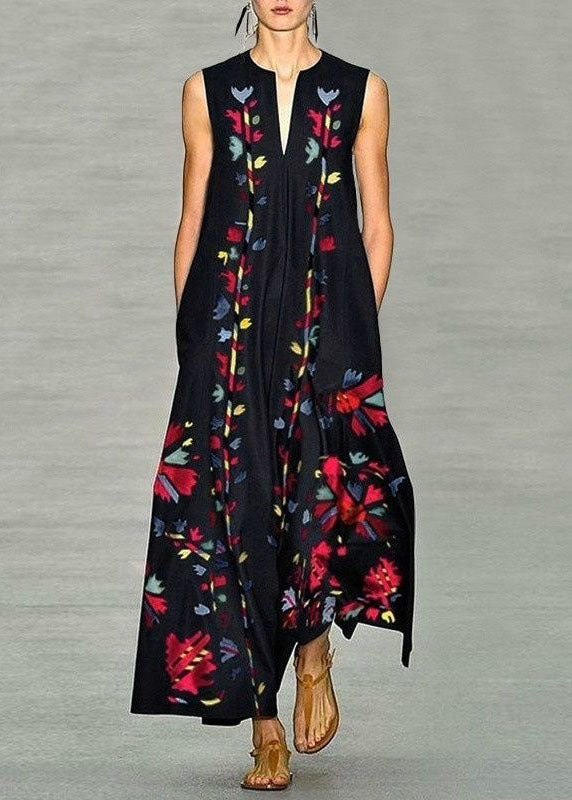 New Navy V Neck Print Chiffon Long Dress Sleeveless LY1925 - fabuloryshop