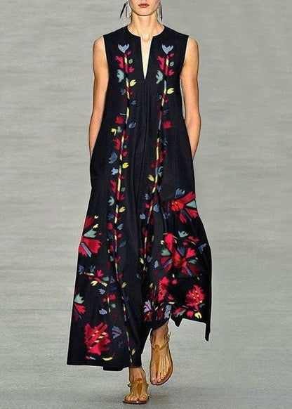 New Navy V Neck Print Chiffon Long Dress Sleeveless LY1925 - fabuloryshop