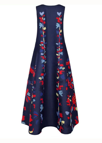 New Navy V Neck Print Chiffon Long Dress Sleeveless LY1925 - fabuloryshop