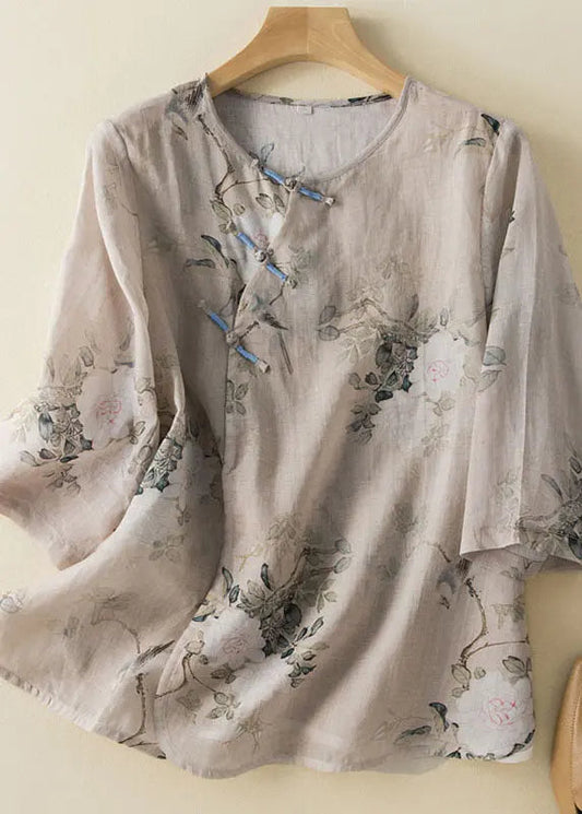 New O-Neck Print Chinese Button Patchwork Linen Shirt Summer Ada Fashion