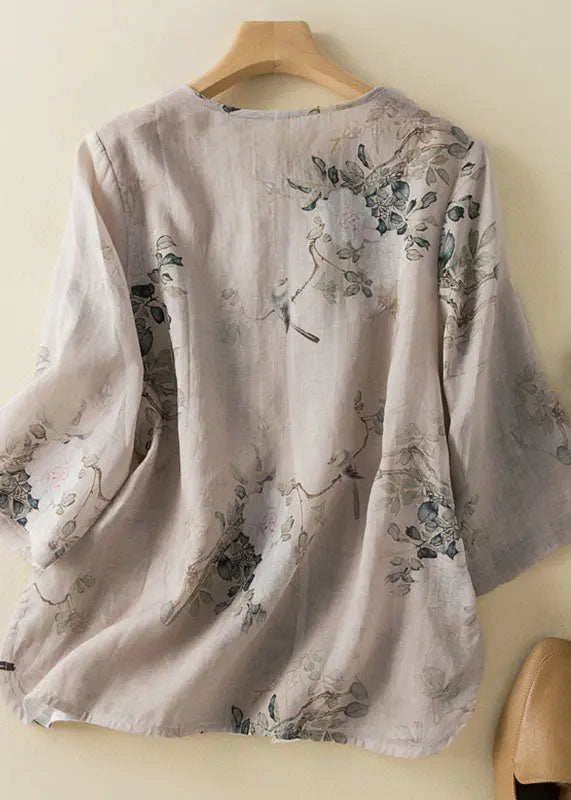 New O-Neck Print Chinese Button Patchwork Linen Shirt Summer Ada Fashion