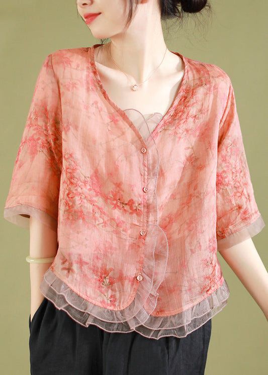 New Peach Style V Neck Button Tulle Patchwork Tops Summer Ada Fashion