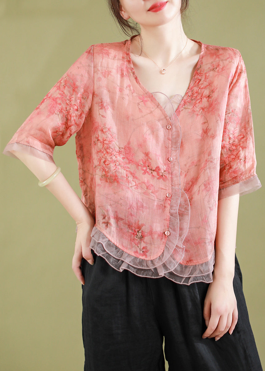 New Peach Style V Neck Button Tulle Patchwork Tops Summer Ada Fashion