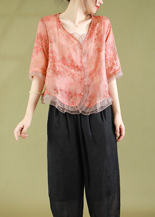 New Peach Style V Neck Button Tulle Patchwork Tops Summer Ada Fashion