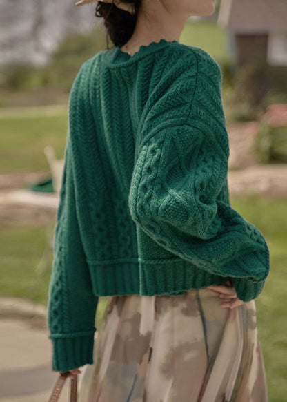 Peacock Green O Neck Cable Knit Sweaters