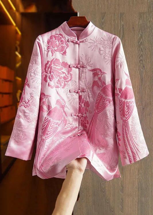 New Pink Embroideried Button Patchwork Silk Coats Fall Ada Fashion