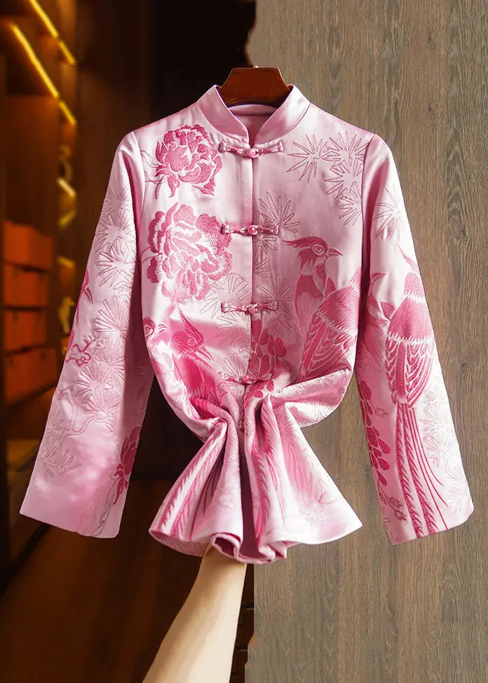 New Pink Embroideried Button Patchwork Silk Coats Fall Ada Fashion